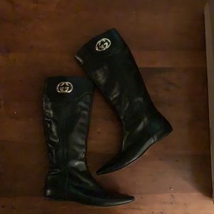 Gucci GG logo flat black leather knee boots 11 11b